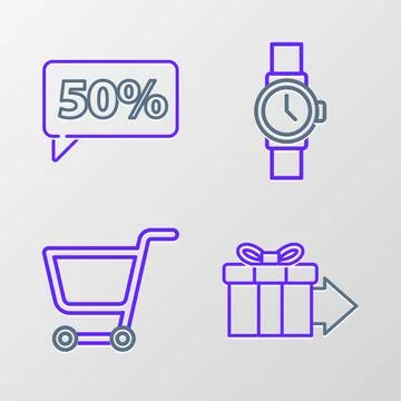 Set line Gift box, Shopping cart, Wrist watch and Fifty discount percent tag Stock Illustration