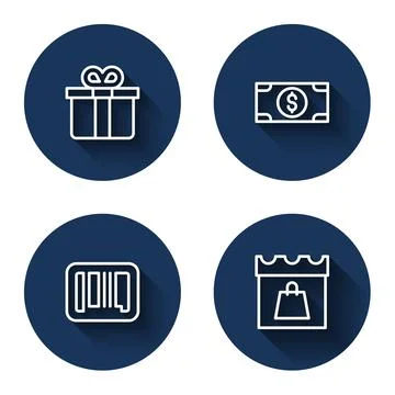 Set line Gift box, Stacks paper money cash, Barcode and Shopping day with long Stock Illustration