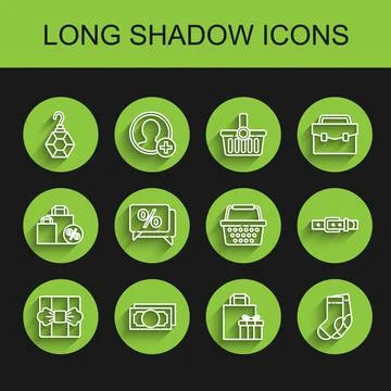 Set line Gift box, Stacks paper money cash, Earring, Socks, Discount percent tag 스톡 일러스트