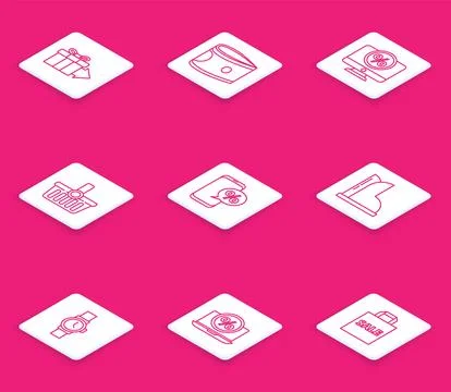 Set line Gift box, Stacks paper money cash, Percent discount and monitor, S.. Stock Illustration