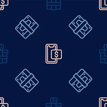 Set line Gift box, Stacks paper money cash and Mobile shopping on seamless .. Illustrazione stock