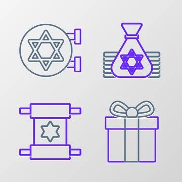 Set line Gift box, Torah scroll, Jewish money bag and synagogue icon. Vector Stock Illustration