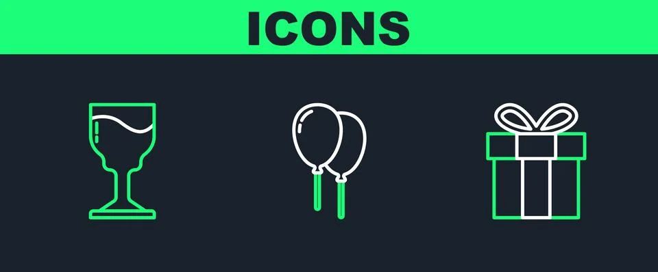 Set line Gift box, Wine glass and Balloons with ribbon icon. Vector イラスト素材
