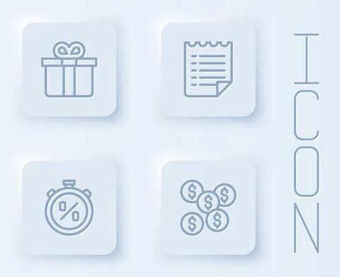 Set line Gift box, Wish list template, Stopwatch percent discount and Dollar Illustrazione stock