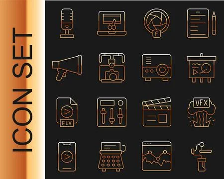 Set line Gimbal stabilizer for camera, VFX, Scenario on chalkboard, Camera sh Stock Illustration
