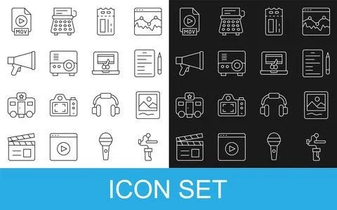Set line Gimbal stabilizer for camera, Photo frame, Scenario, Cinema ticket.. Illustrazione stock