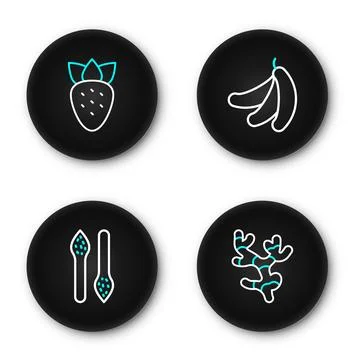 Set line Ginger root, Asparagus, Banana and Strawberry icon. Vector Иллюстрация
