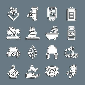 Set line Ginger root, Citrus fruit, Collagen serum, IV bag, Stack hot stones Stock Illustration