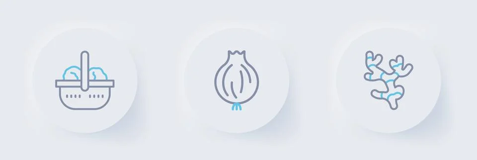 Set line Ginger root, Garlic and Basket and food icon. Vector Stock Illustration
