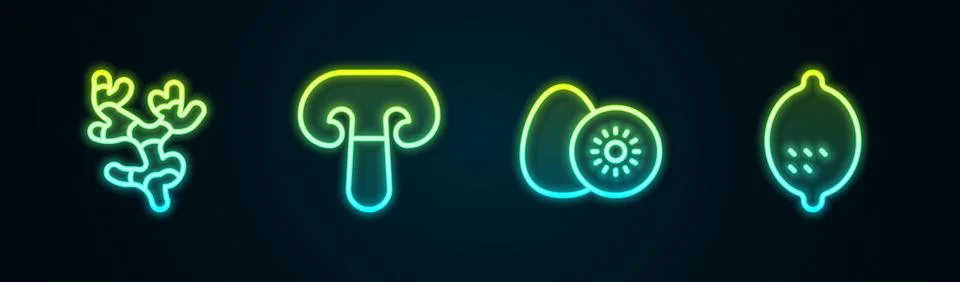 Set line Ginger root, Mushroom, Kiwi fruit and Lemon. Glowing neon icon. Vect Stock Illustration