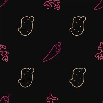 Set line Ginger root, Potato and Hot chili pepper on seamless pattern. Vector Stock Illustration