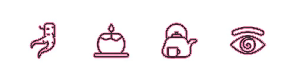 Set line Ginger root, Teapot with cup, Aroma candle and Hypnosis icon. Vector Иллюстрация