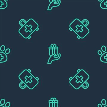 Set line Give gift, First aid kit and Veterinary clinic on seamless pattern 스톡 일러스트