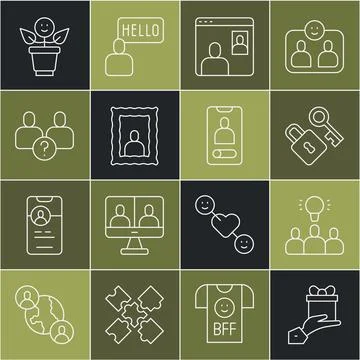 Set line Give gift, Project team base, Lock with key, Video chat conference.. Stock Illustration