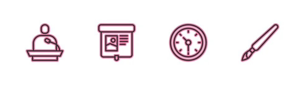 Set line Gives lecture, Clock, Projection screen and Paint brush icon. Vector Stock Illustration