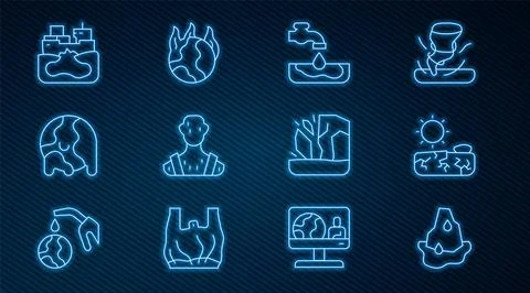 Set line Glacier melting, Drought, Water problem, High human body temperature Illustrazione stock
