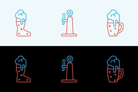 Set line Glass of beer, Boot glass and Beer tap icon. Vector Stock Illustration