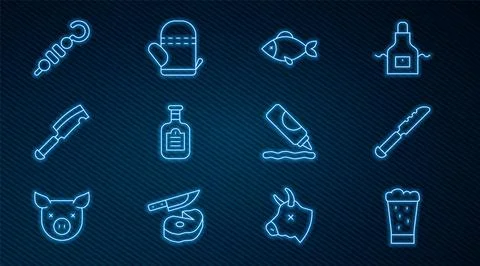 Set line Glass of beer, Bread knife, Fish, Sauce bottle, Meat chopper, Grilled Stock Illustration