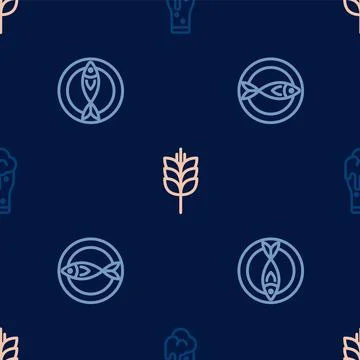 Set line Glass of beer, Dried fish and Wheat on seamless pattern. Vector Stock Illustration