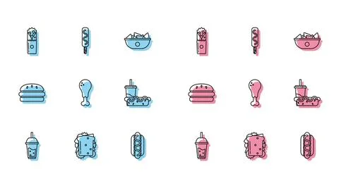Set line Glass of lemonade with drinking straw, Sandwich, Doner kebab, Hotdog Stock Illustration