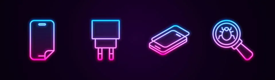 Set line Glass screen protector, Charger, and System bug. Glowing neon icon Stock Illustration