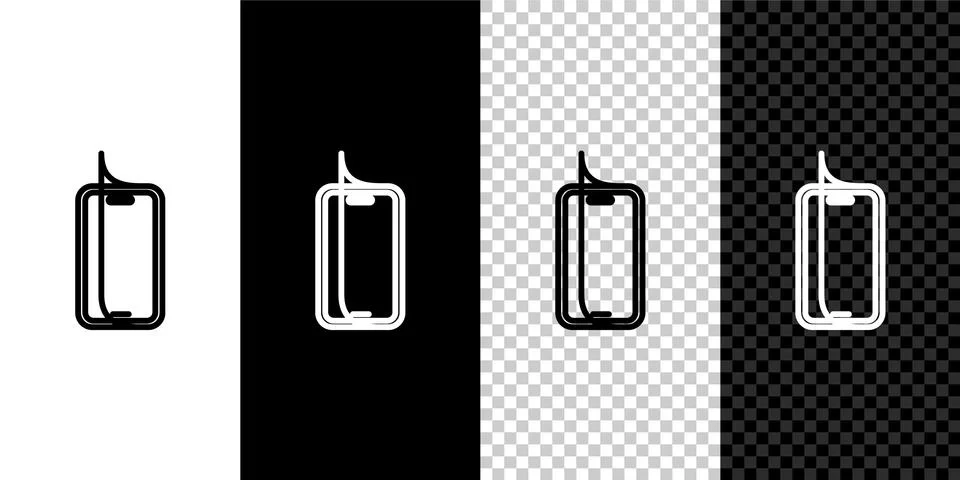 Set line Glass screen protector for smartphone icon isolated on black and white Stock Illustration