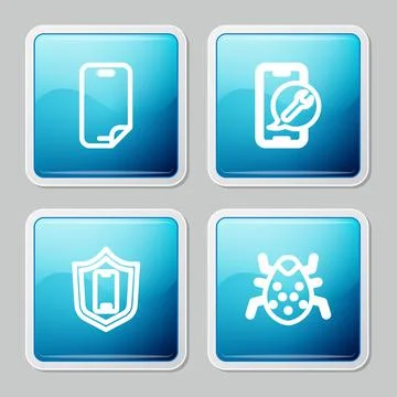 Set line Glass screen protector, Mobile service, with shield and System bug icon Illustrazione stock