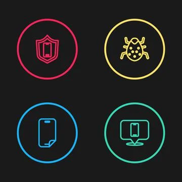 Set line Glass screen protector, Phone repair service, System bug and Mobile  스톡 일러스트