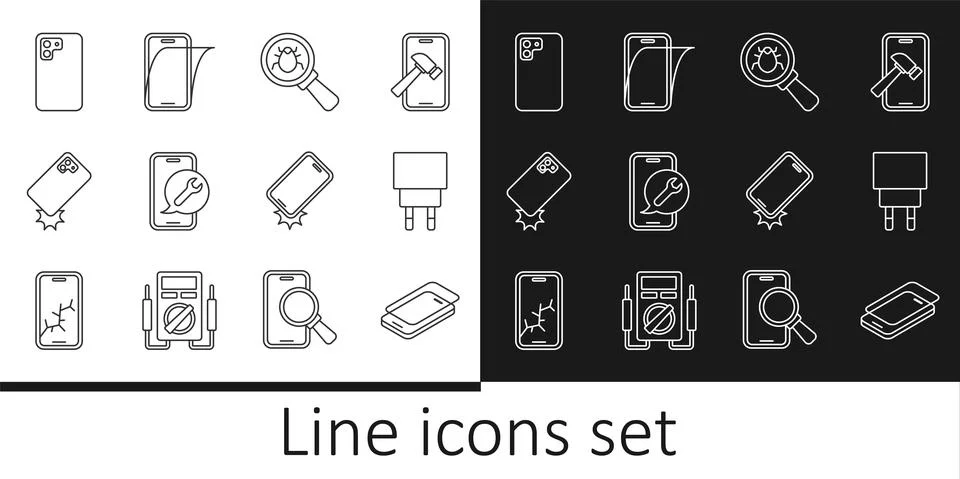 Set line Glass screen protector, Charger, System bug, Mobile service, Shockproof Stockillustratie
