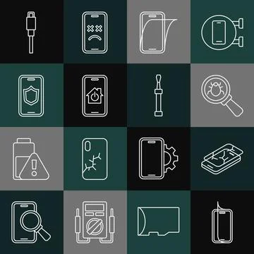 Set line Glass screen protector, Mobile with broken, System bug, smart home Illustrazione stock