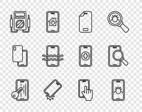 Set line Glass screen protector, System bug on mobile, Shockproof phone Stockillustratie
