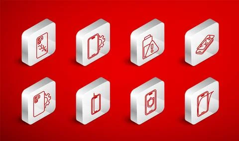 Set line Glass screen protector, Phone repair service, Smartphone battery charge Illustrazione stock