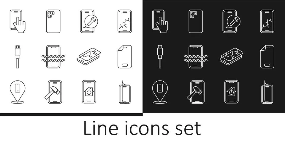 Set line Glass screen protector, Mobile service, Waterproof phone, USB cable Illustrazione stock
