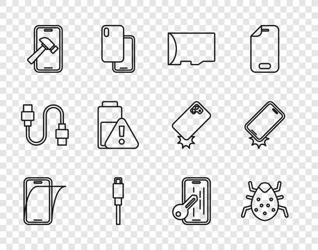 Set line Glass screen protector, System bug, Micro SD memory card, USB cable Stock Illustration