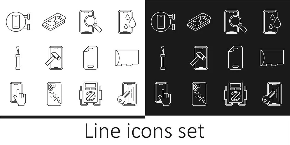 Set line Glass screen protector, Micro SD memory card, Phone repair service.. Stock Illustration