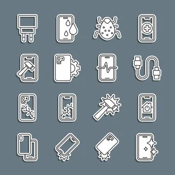 Set line Glass screen protector, Mobile with smart home, USB cable cord, Sy.. Stock Illustration