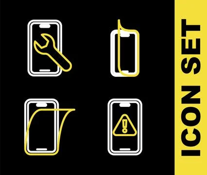 Set line Glass screen protector, Mobile with exclamation mark,  and service.. Stock Illustration