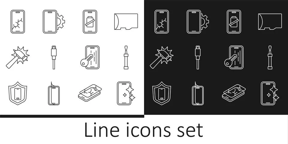 Set line Glass screen protector, Screwdriver, Smartphone battery charge, US.. Stock Illustration