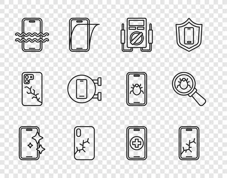 Set line Glass screen protector, Mobile with broken, Multimeter, Waterproof.. Illustrazione stock