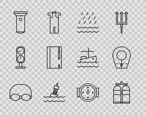 Set line Glasses and cap for swimming, Aqualung, Rain waves, Floating buoy on Stock Illustration