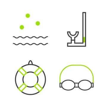 Set line Glasses and cap for swimming, Lifebuoy, Snorkel and Cold waves ico.. Stock Illustration