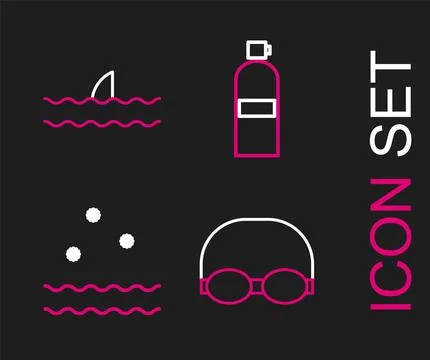Set line Glasses and cap for swimming, Cold waves, Aqualung and Shark fin o.. Stock Illustration