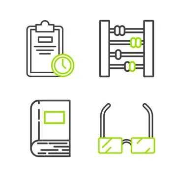 Set line Glasses, Book, Abacus and Exam sheet with clock icon. Vector Stock Illustration