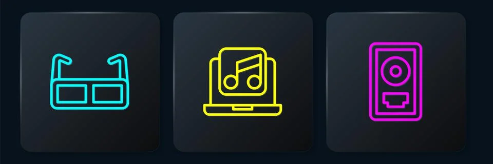 Set line Glasses, CD disk award in frame and Laptop with music. Black square Stock-Illustration