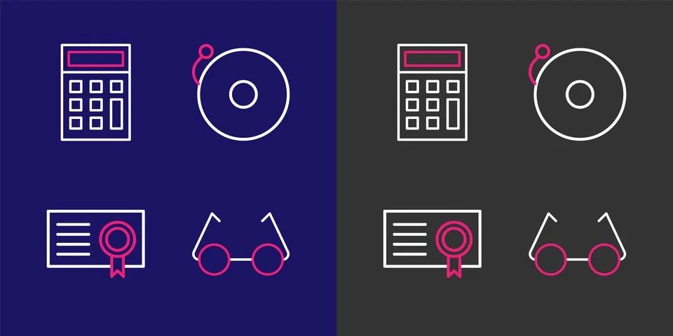 Set line Glasses, Certificate template, Ringing alarm bell and Calculator i.. Stock Illustration