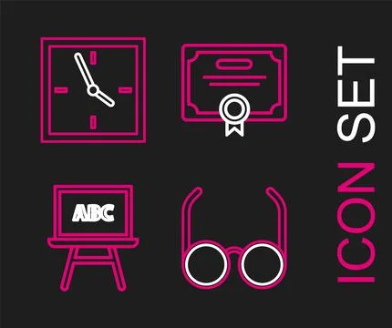 Set line Glasses, Chalkboard, Certificate template and Clock icon. Vector Stock Illustration