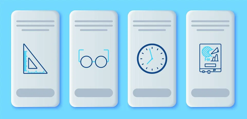 Set line Glasses, Clock, Triangular ruler and Board with graph chart icon. Ve Stock Illustration