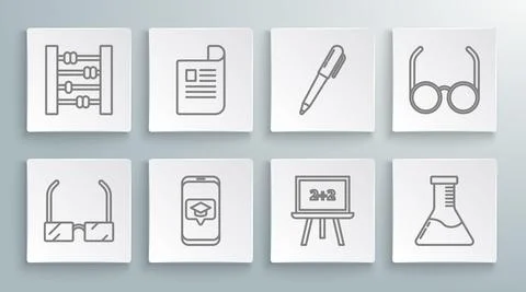 Set line Glasses, Document, Graduation cap on screen smartphone, Chalkboard Stock Illustration