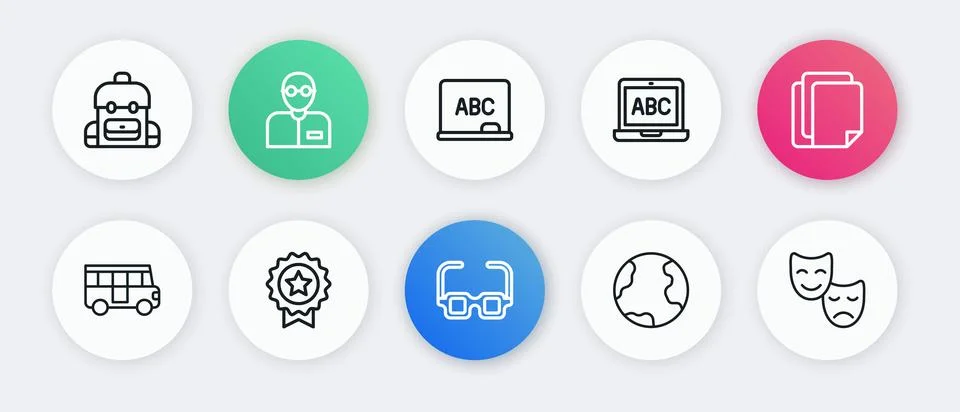 Set line Glasses, File document, School Bus, Earth globe, Laptop, Chalkboar.. Stock Illustration