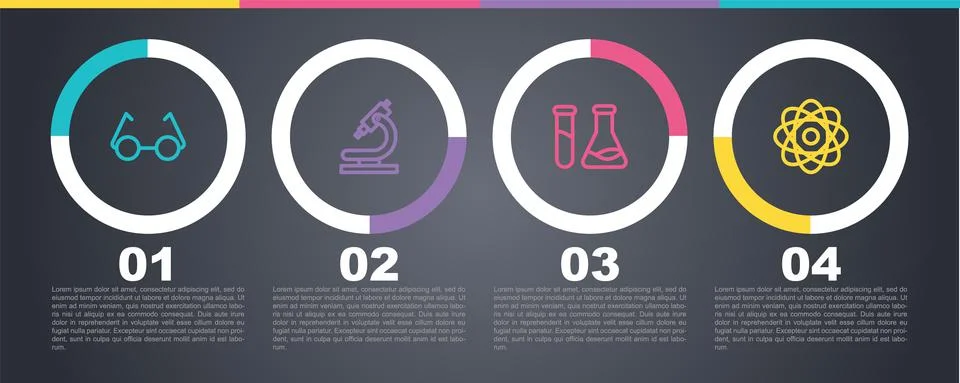 Set line Glasses, Microscope, Test tube and flask and Atom. Business infographic Stockillustratie